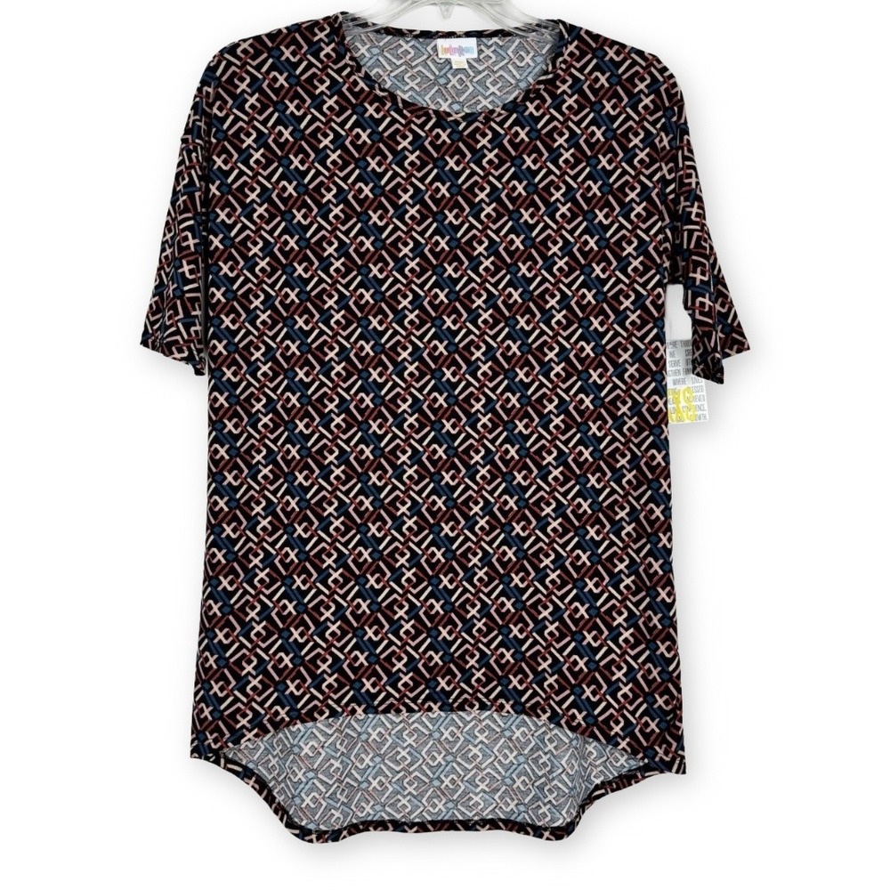 LuLaRoe Irma Tunic Top‎ XXS NWT Geometric Link Print High Low Short Sleeve Black